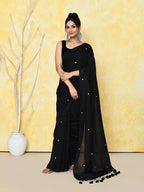 Piyari Fashion Women's Black Sequin Work Soft Pure Cotton Saree With Blouse Piece | Grocsy