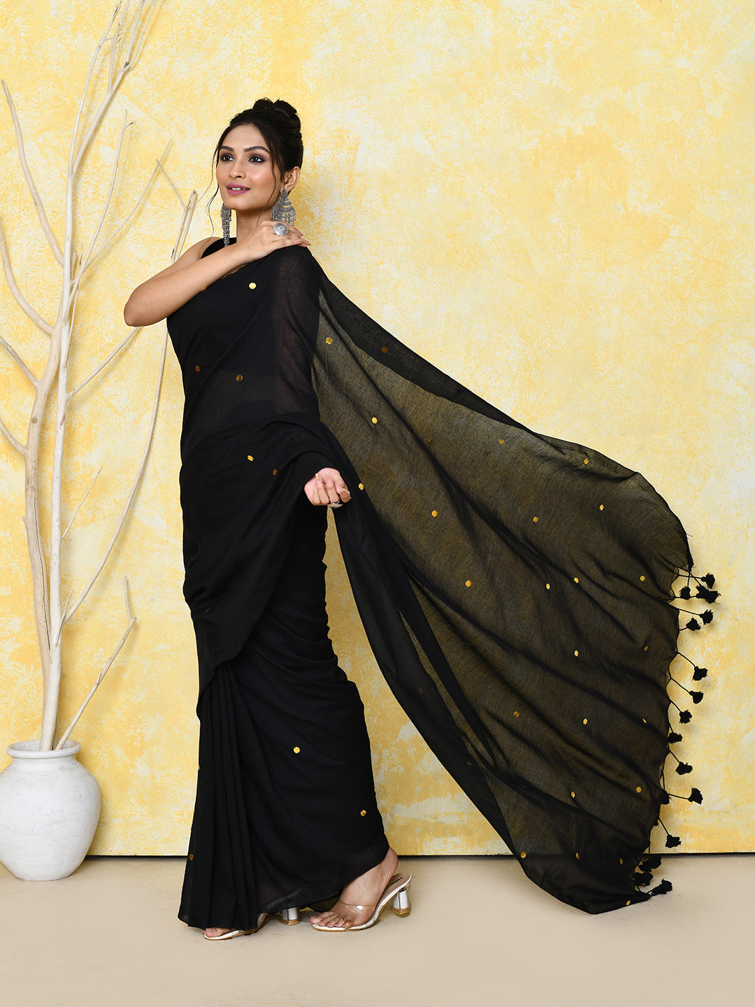 Piyari Fashion Women's Black Sequin Work Soft Pure Cotton Saree With Blouse Piece | Grocsy