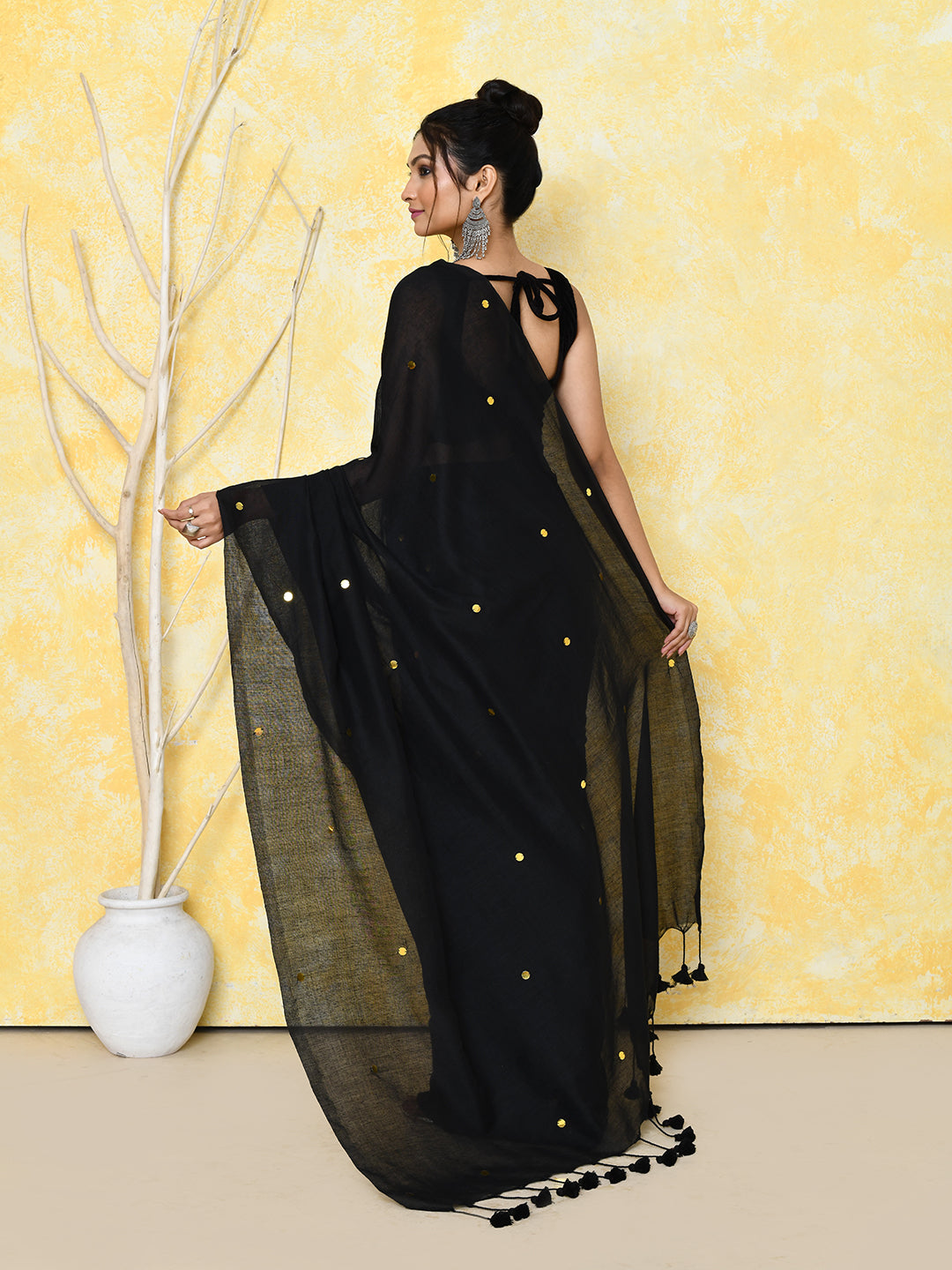 Piyari Fashion Women's Black Sequin Work Soft Pure Cotton Saree With Blouse Piece | Grocsy