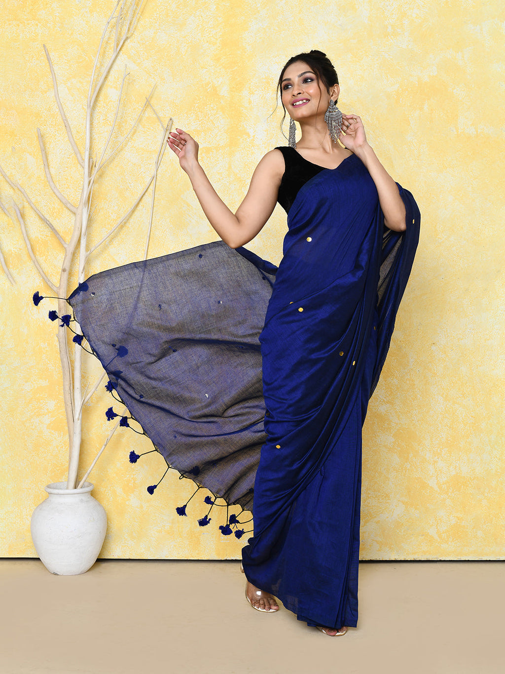 Piyari Fashion Women's Blue Sequin Work Soft Pure Cotton Saree With Blouse Piece | Grocsy