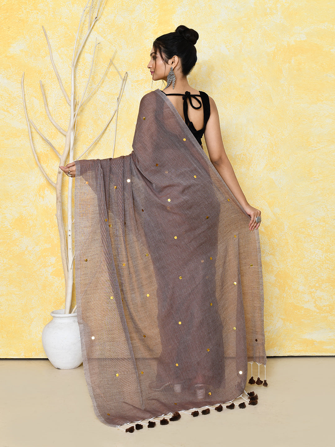 Piyari Fashion Women's Mocha Sequin Work Soft Pure Cotton Saree With Blouse Piece | Grocsy