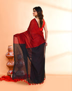 Piyari Fashion Handspun Cotton Red Handloom Saree With Blouse | Grocsy