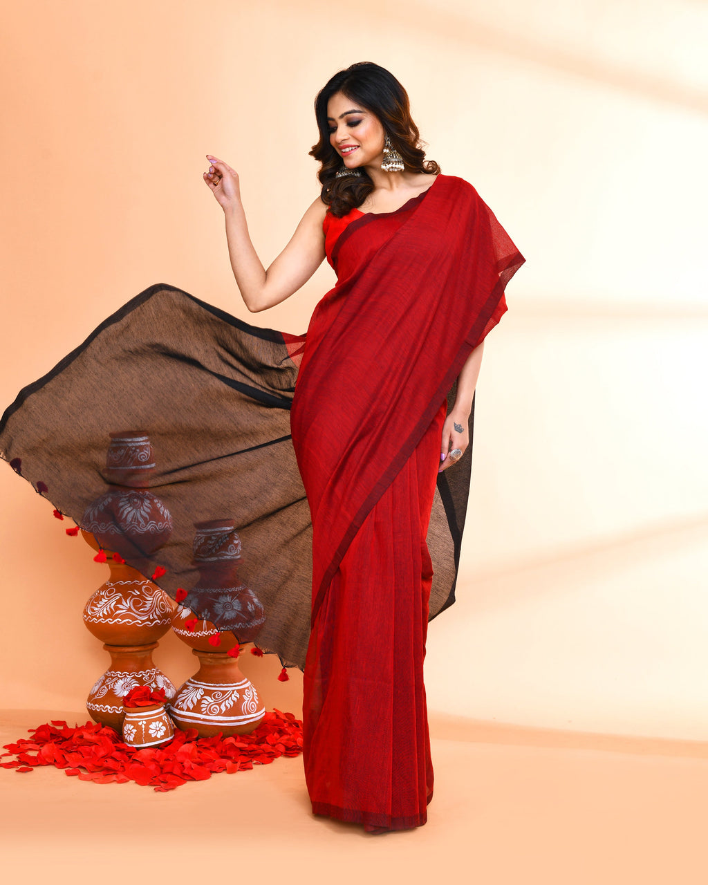 Piyari Fashion Handspun Cotton Red Handloom Saree With Blouse | Grocsy