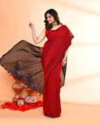 Piyari Fashion Handspun Cotton Red Handloom Saree With Blouse | Grocsy