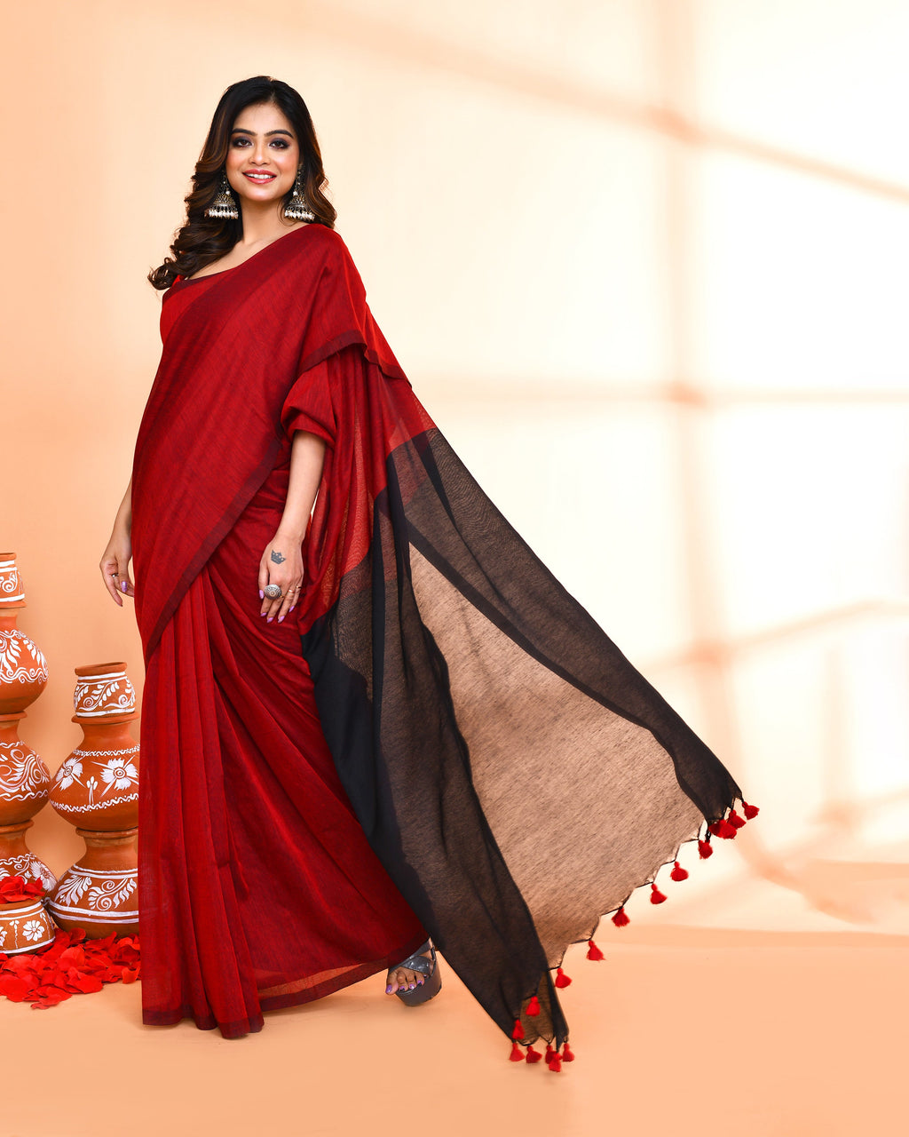 Piyari Fashion Handspun Cotton Red Handloom Saree With Blouse | Grocsy