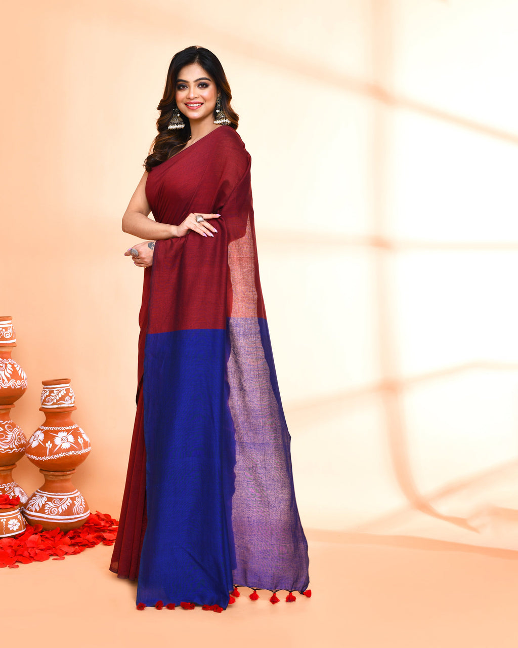 Piyari Fashion Handspun Cotton Maroon Handloom Saree With Blouse | Grocsy