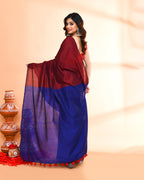 Piyari Fashion Handspun Cotton Maroon Handloom Saree With Blouse | Grocsy