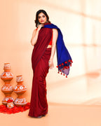 Piyari Fashion Handspun Cotton Maroon Handloom Saree With Blouse | Grocsy