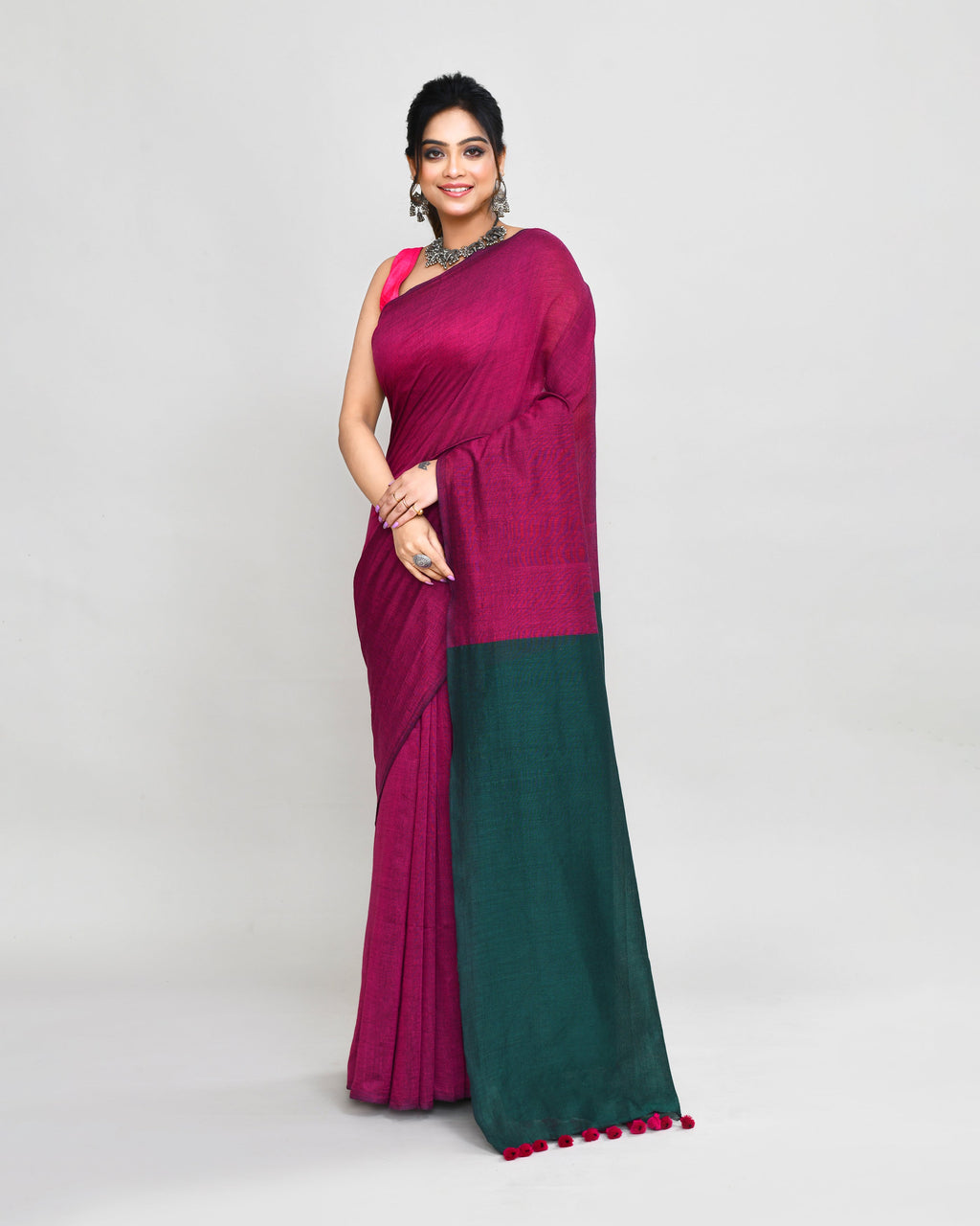 Piyari Fashion Handspun Cotton Rani Pink Handloom Saree With Blouse | Grocsy