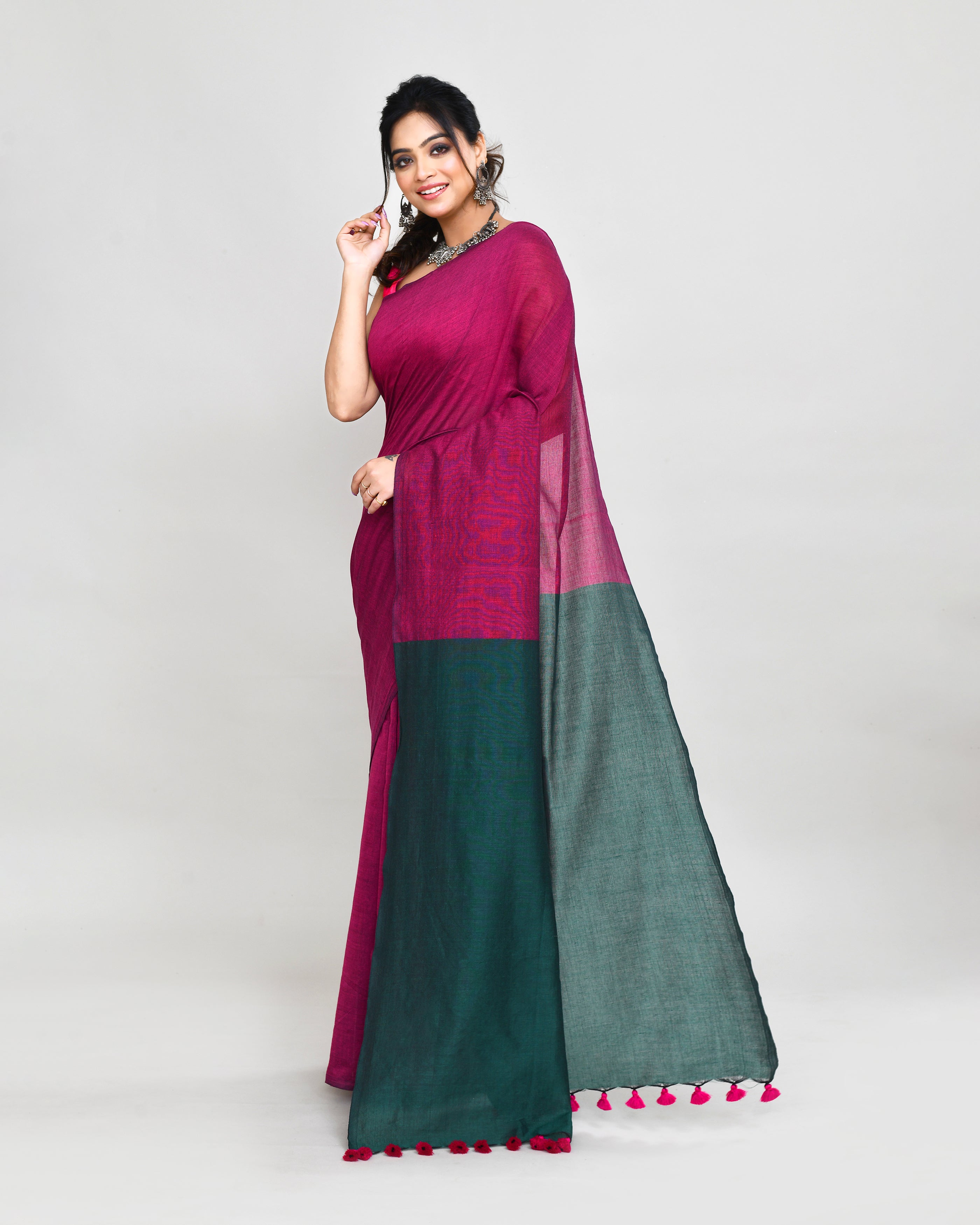 Piyari Fashion Handspun Cotton Rani Pink Handloom Saree With Blouse | Grocsy