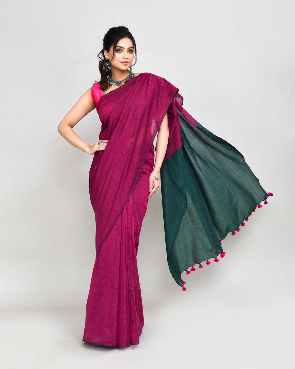Piyari Fashion Handspun Cotton Rani Pink Handloom Saree With Blouse | Grocsy
