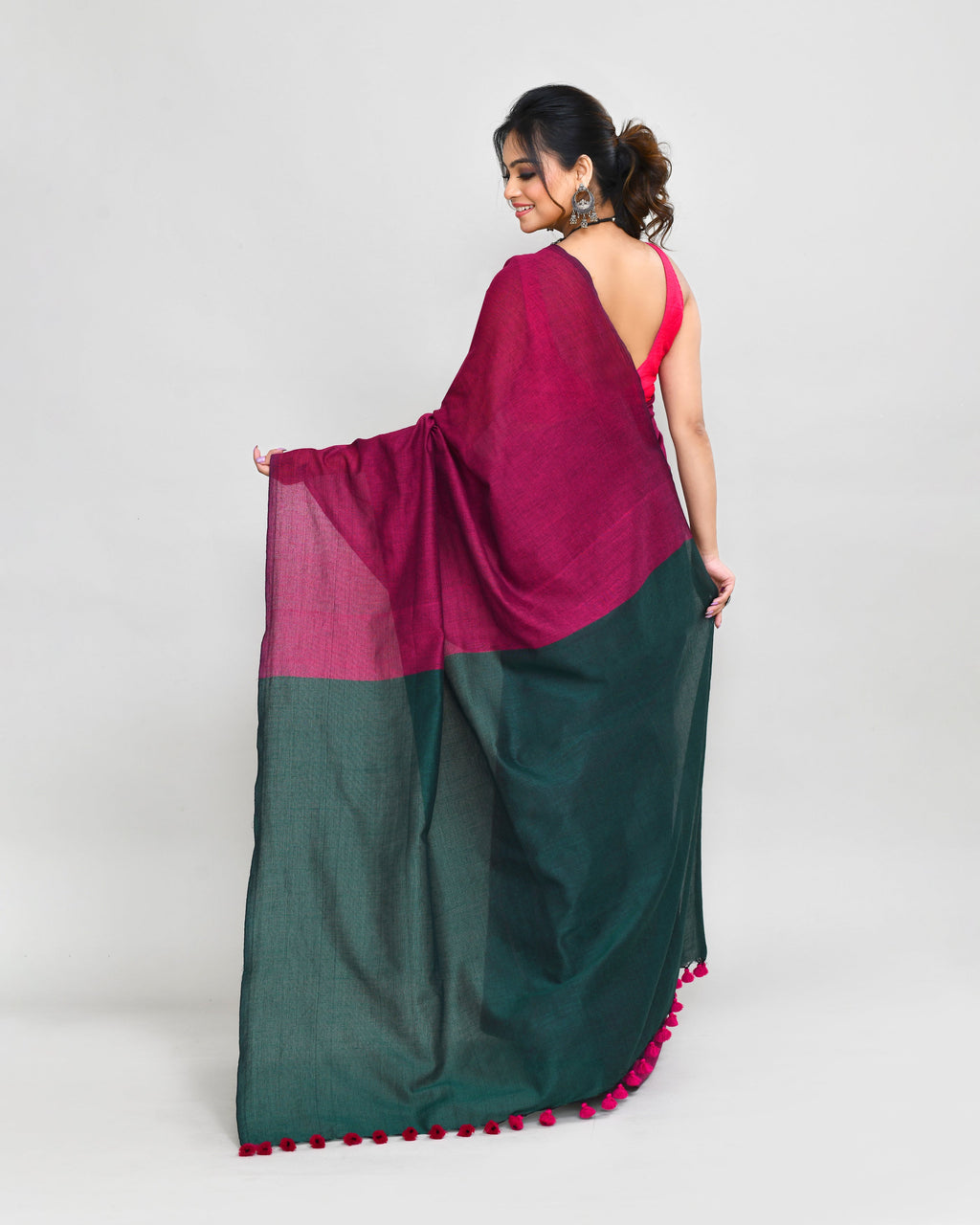 Piyari Fashion Handspun Cotton Rani Pink Handloom Saree With Blouse | Grocsy