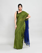 Piyari Fashion Handspun Cotton Moss Green Handloom Saree With Blouse | Grocsy