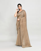 Piyari Fashion Handspun Cotton Beige Handloom Saree With Blouse | Grocsy