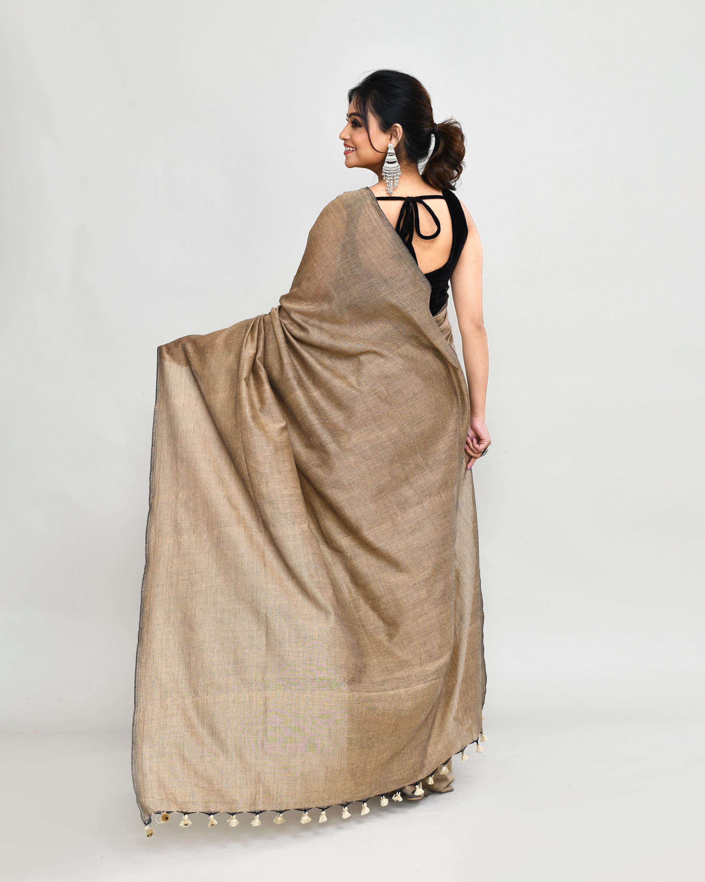 Piyari Fashion Handspun Cotton Beige Handloom Saree With Blouse | Grocsy