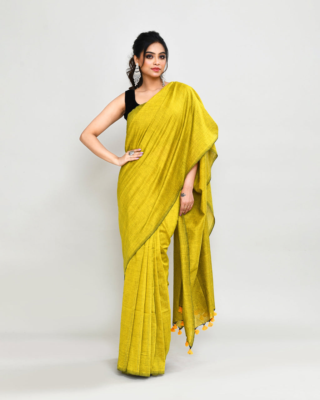 Piyari Fashion Handspun Cotton Lemon Handloom Saree With Blouse | Grocsy