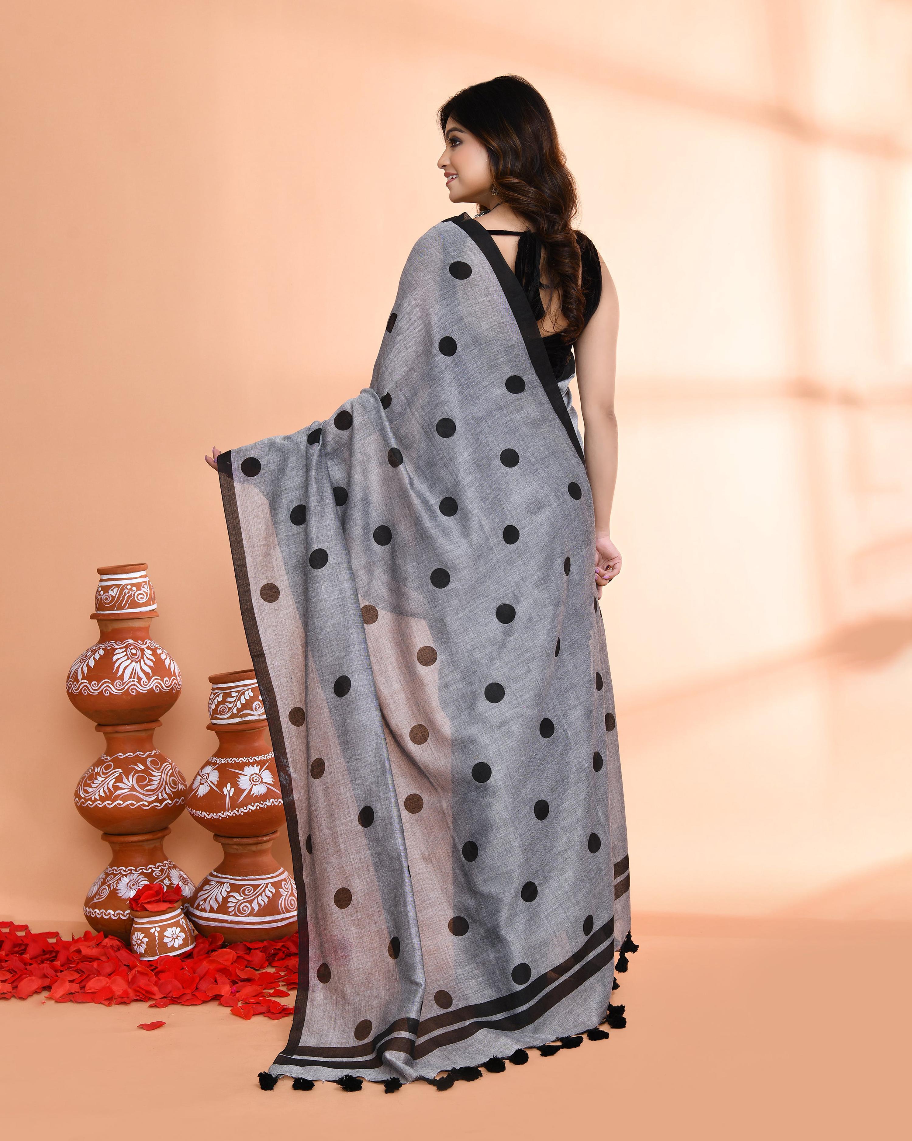 Piyari Fashion Handspun Printed Cotton Silver Grey Handloom Saree With Blouse | Grocsy