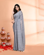 Piyari Fashion Handspun Cotton Silver Grey Handloom Saree With Blouse | Grocsy