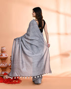 Piyari Fashion Handspun Cotton Silver Grey Handloom Saree With Blouse | Grocsy