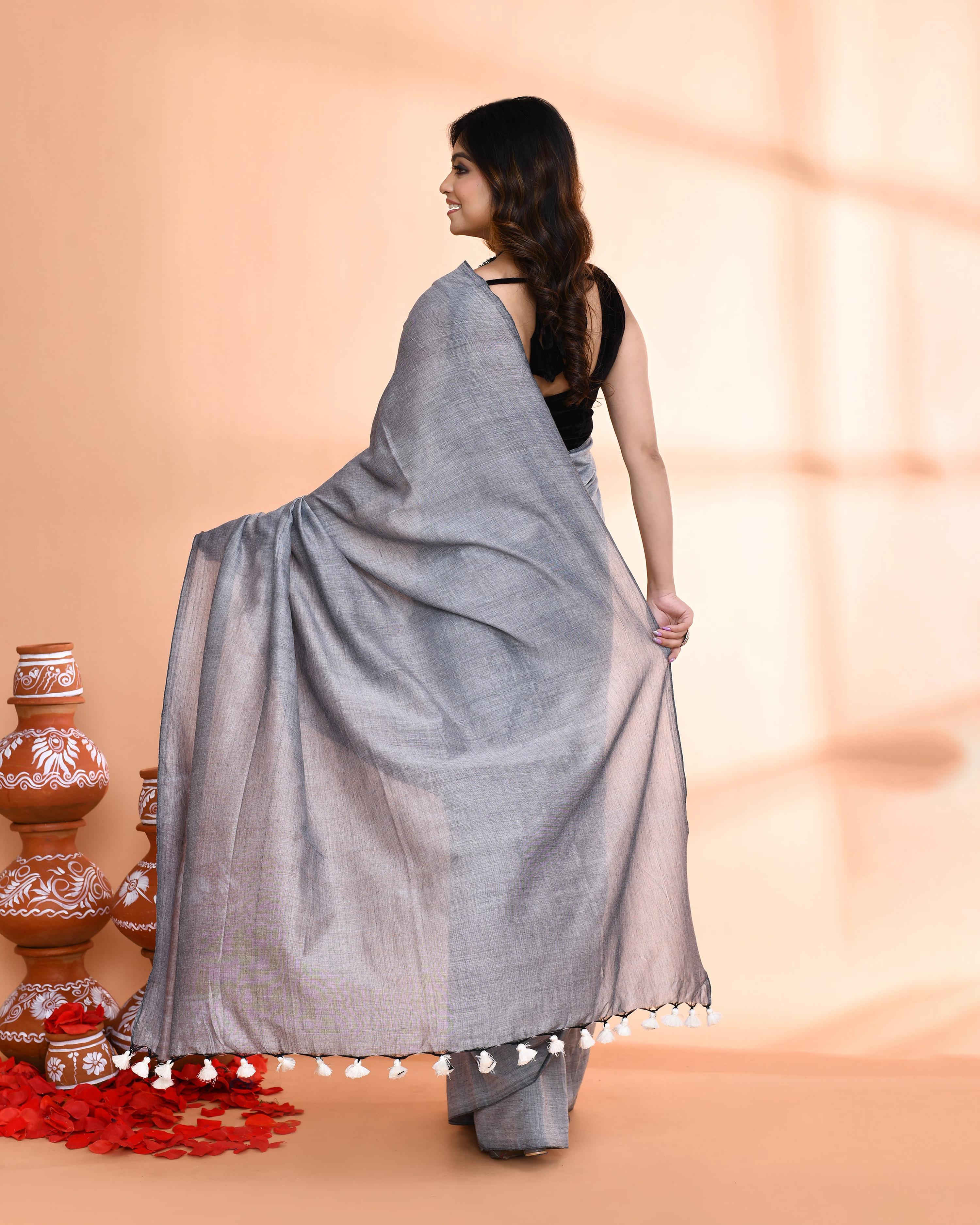Piyari Fashion Handspun Cotton Silver Grey Handloom Saree With Blouse | Grocsy