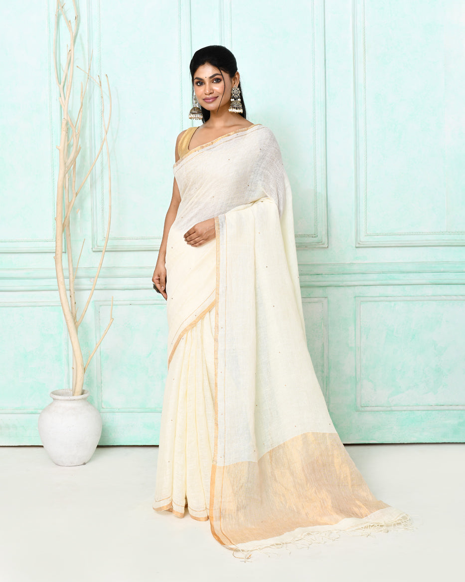 Piyari Fashion Women's White Handloom Linen Sequin Saree With Blouse | Grocsy