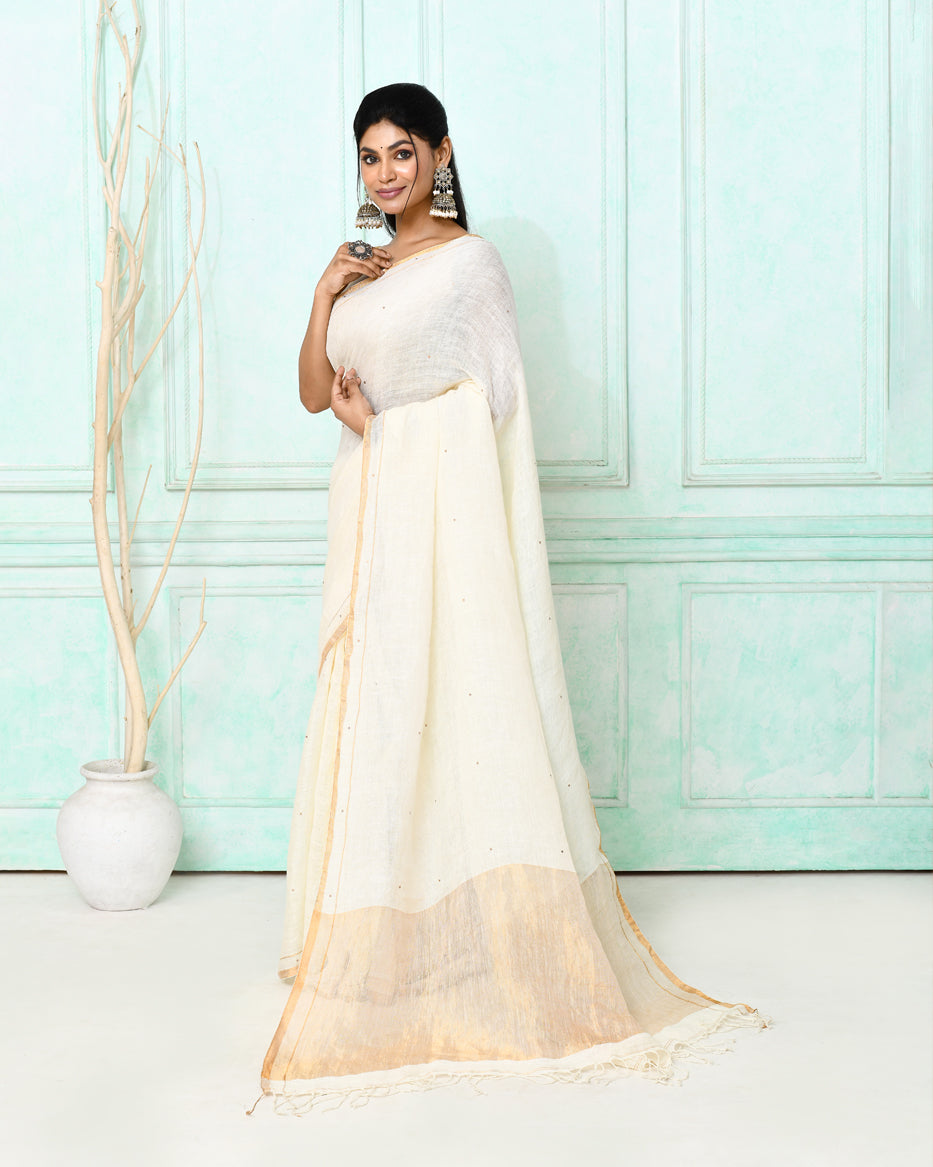 Piyari Fashion Women's White Handloom Linen Sequin Saree With Blouse | Grocsy