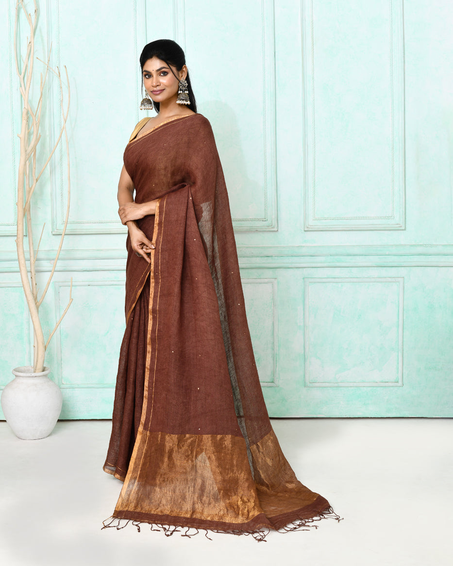 Piyari Fashion Women's Brown Handloom Linen Sequin Saree With Blouse | Grocsy