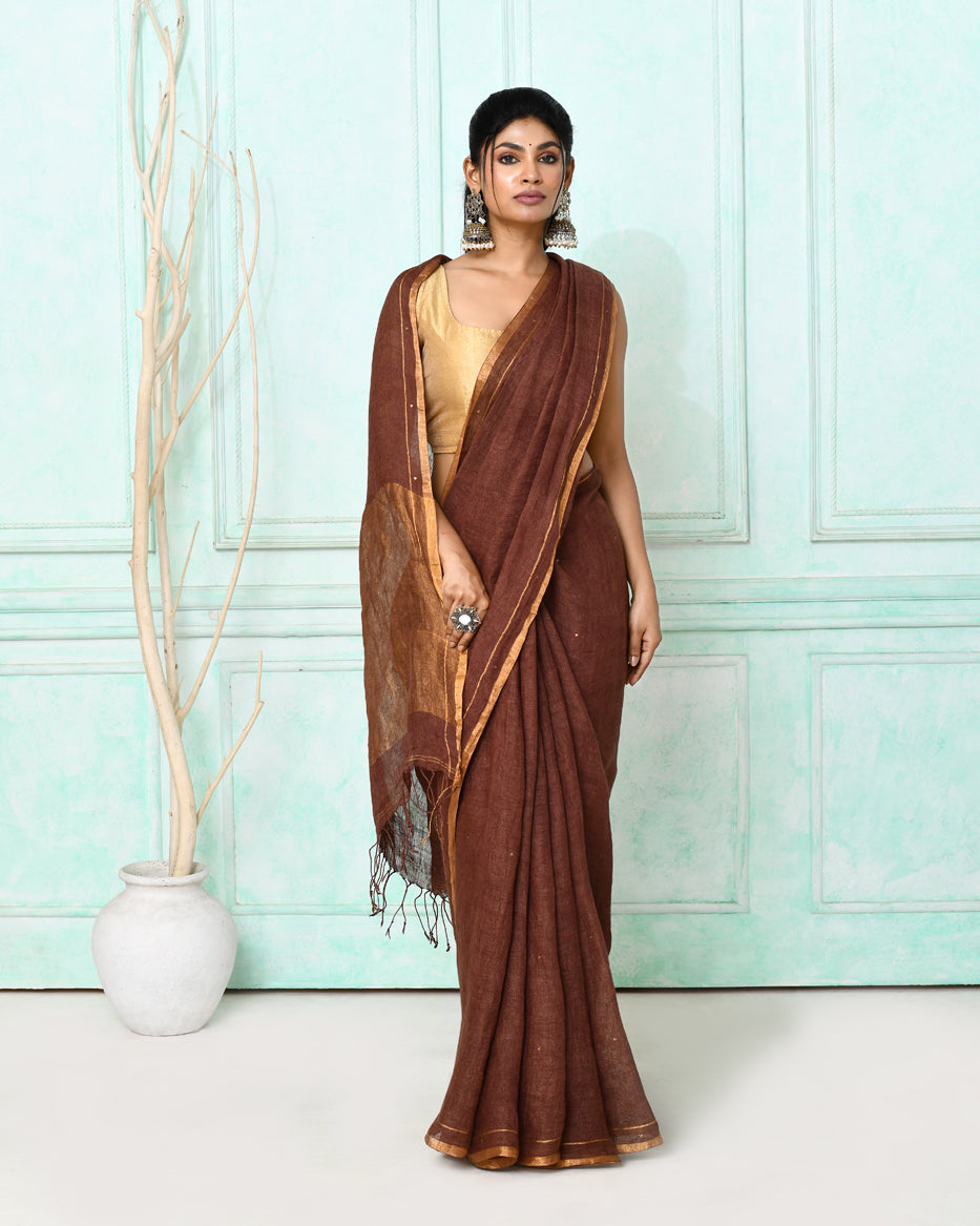 Piyari Fashion Women's Brown Handloom Linen Sequin Saree With Blouse | Grocsy
