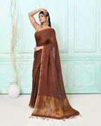 Piyari Fashion Women's Brown Handloom Linen Sequin Saree With Blouse | Grocsy