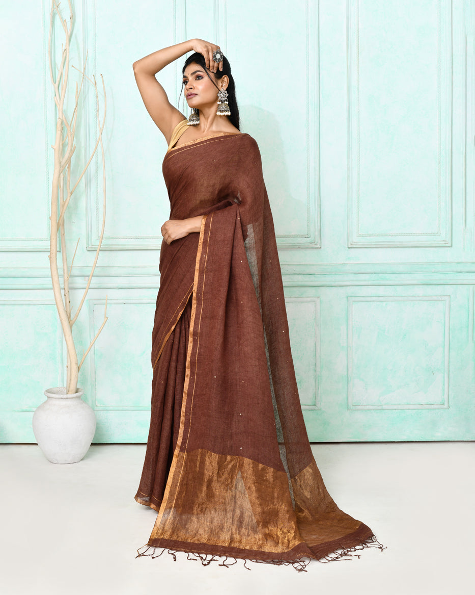 Piyari Fashion Women's Brown Handloom Linen Sequin Saree With Blouse | Grocsy