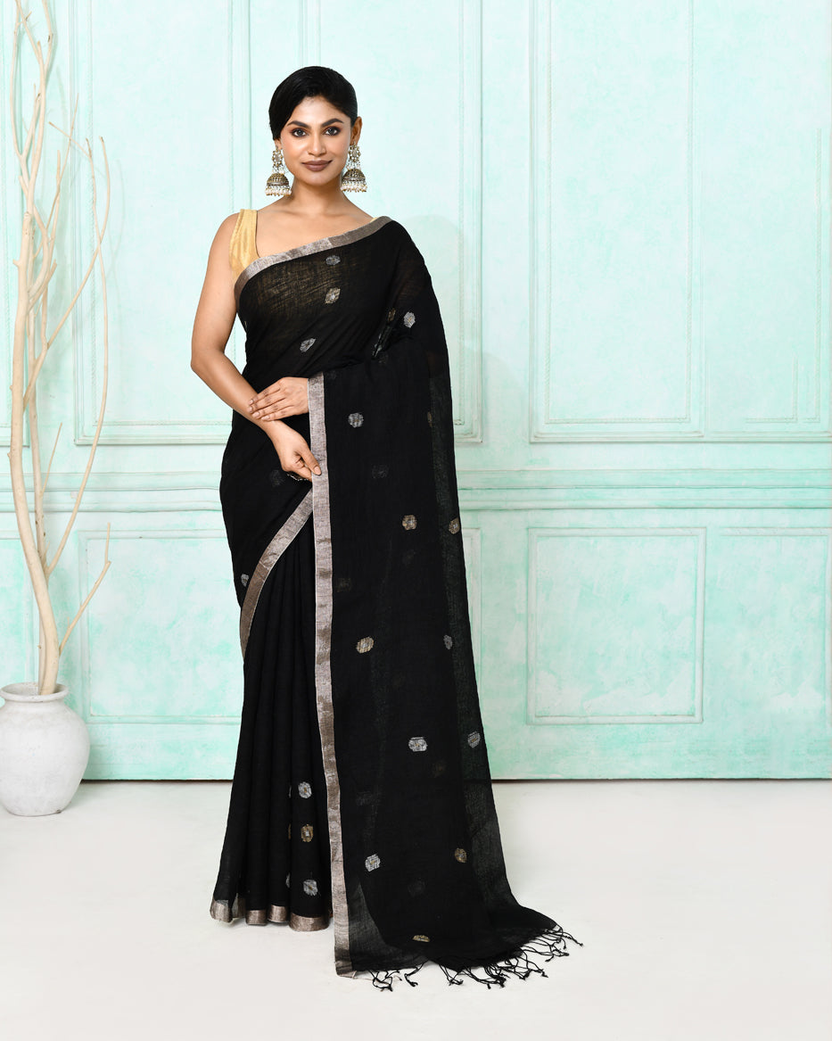 Piyari Fashion Women's Black Handloom Linen Jamdani Saree With Blouse | Grocsy