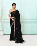 Piyari Fashion Women's Black Handloom Linen Jamdani Saree With Blouse | Grocsy