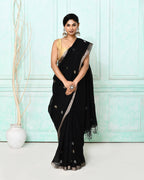 Piyari Fashion Women's Black Handloom Linen Jamdani Saree With Blouse | Grocsy