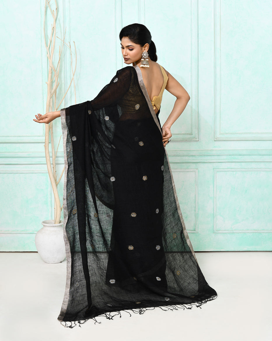 Piyari Fashion Women's Black Handloom Linen Jamdani Saree With Blouse | Grocsy