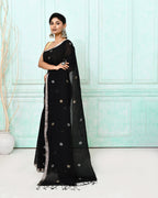Piyari Fashion Women's Black Handloom Linen Jamdani Saree With Blouse | Grocsy