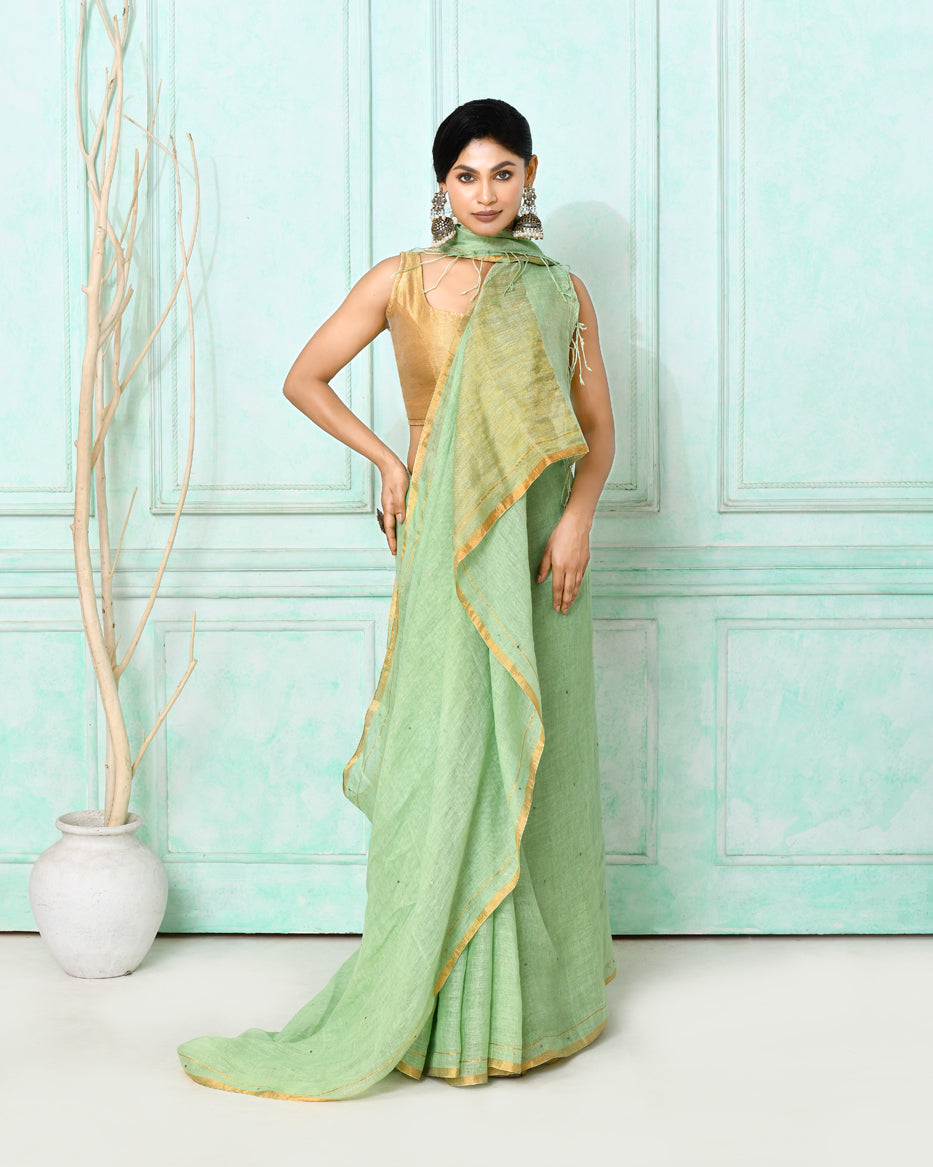 Piyari Fashion Women's Sea Green Handloom Linen Sequin Saree With Blouse | Grocsy