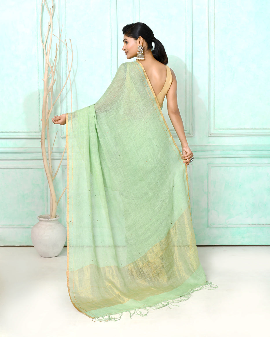 Piyari Fashion Women's Sea Green Handloom Linen Sequin Saree With Blouse | Grocsy