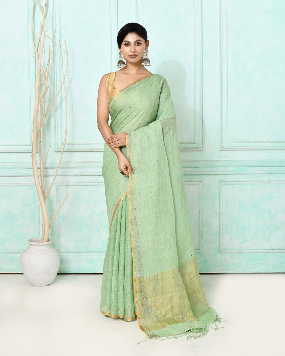 Piyari Fashion Women's Sea Green Handloom Linen Sequin Saree With Blouse | Grocsy