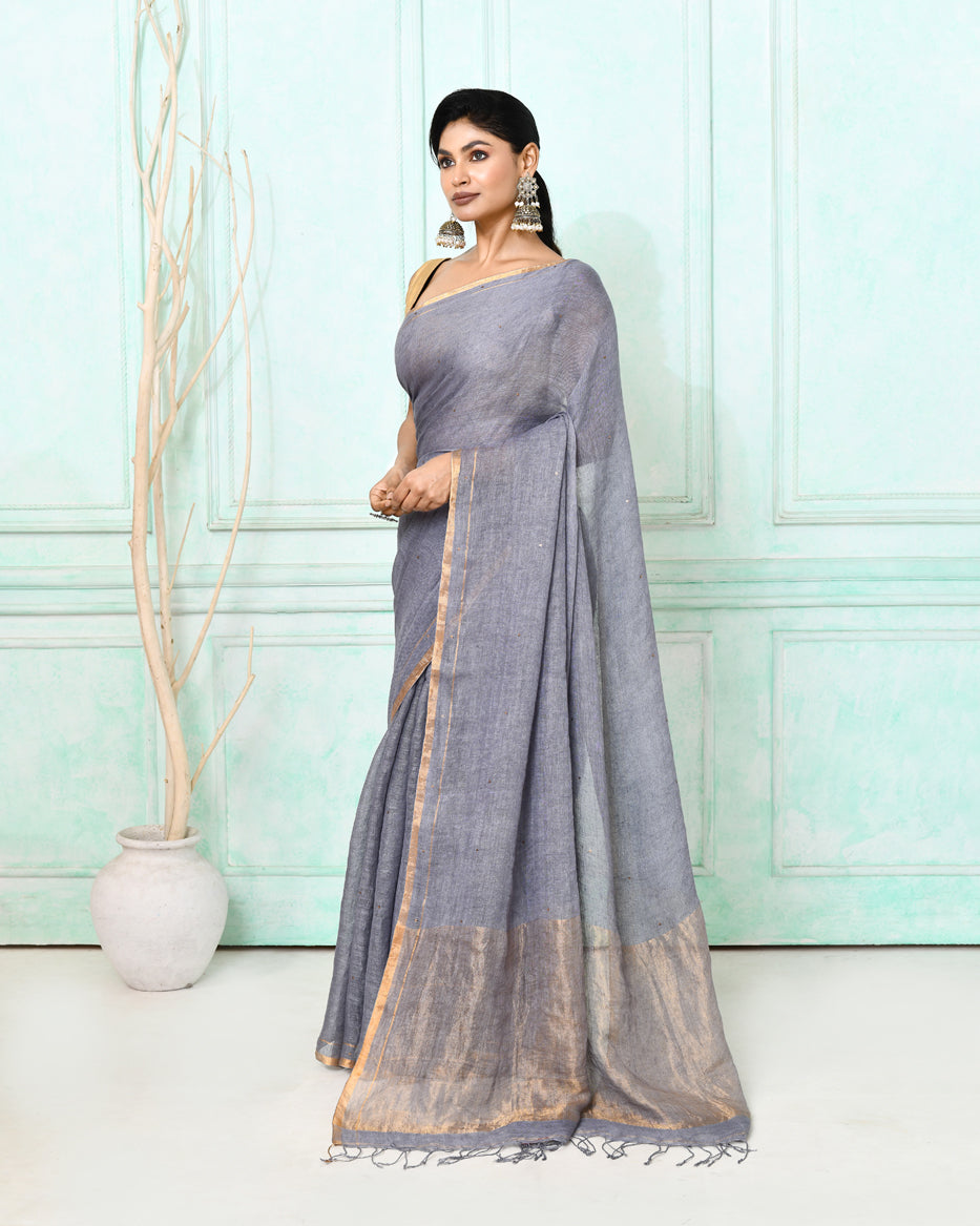 Piyari Fashion Women's Dim Gray Handloom Linen Sequin Saree With Blouse | Grocsy