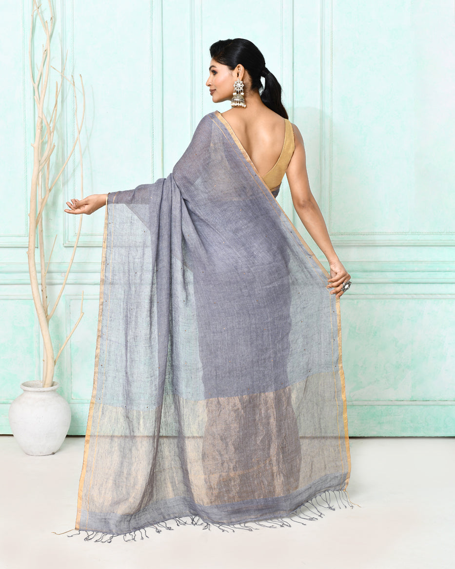 Piyari Fashion Women's Dim Gray Handloom Linen Sequin Saree With Blouse | Grocsy