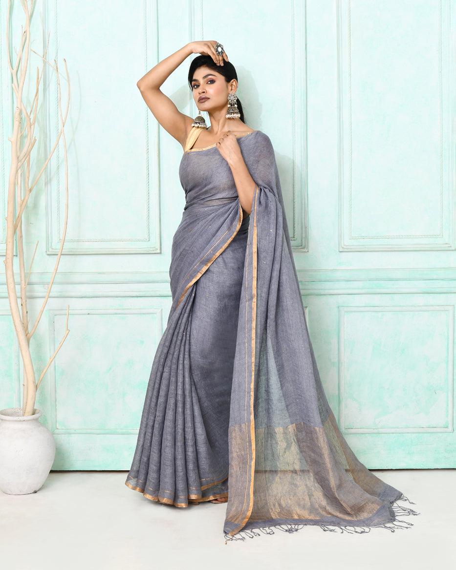 Piyari Fashion Women's Dim Gray Handloom Linen Sequin Saree With Blouse | Grocsy