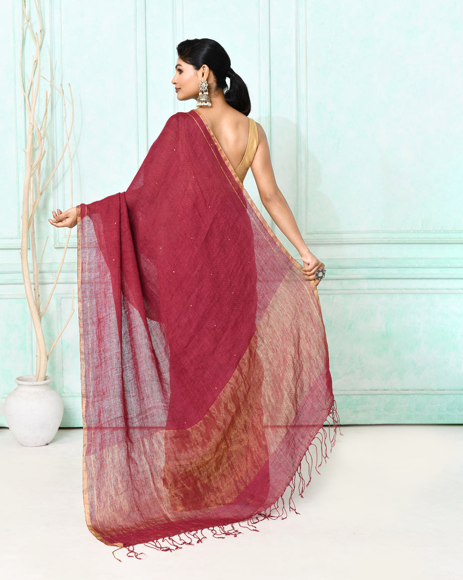 Piyari Fashion Women's Maroon Handloom Linen Sequin Saree With Blouse | Grocsy