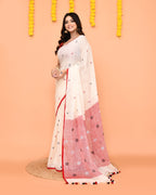 Piyari Fashion Women's Off White Linen Ball Jamdani Saree With Tassels | Grocsy