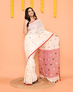 Piyari Fashion Women's Off White Linen Ball Jamdani Saree With Tassels | Grocsy