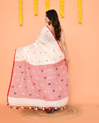 Piyari Fashion Women's Off White Linen Ball Jamdani Saree With Tassels | Grocsy