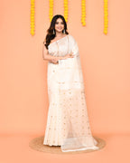 Piyari Fashion Traditional White Handwoven Matka Silk Jamdani Saree With Sequins | Grocsy