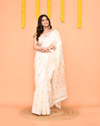 Piyari Fashion Traditional White Handwoven Matka Silk Jamdani Saree With Sequins | Grocsy