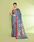 Piyari Fashion Women's Blue Grey Embellished Matka Silk Jamdani Saree | Grocsy