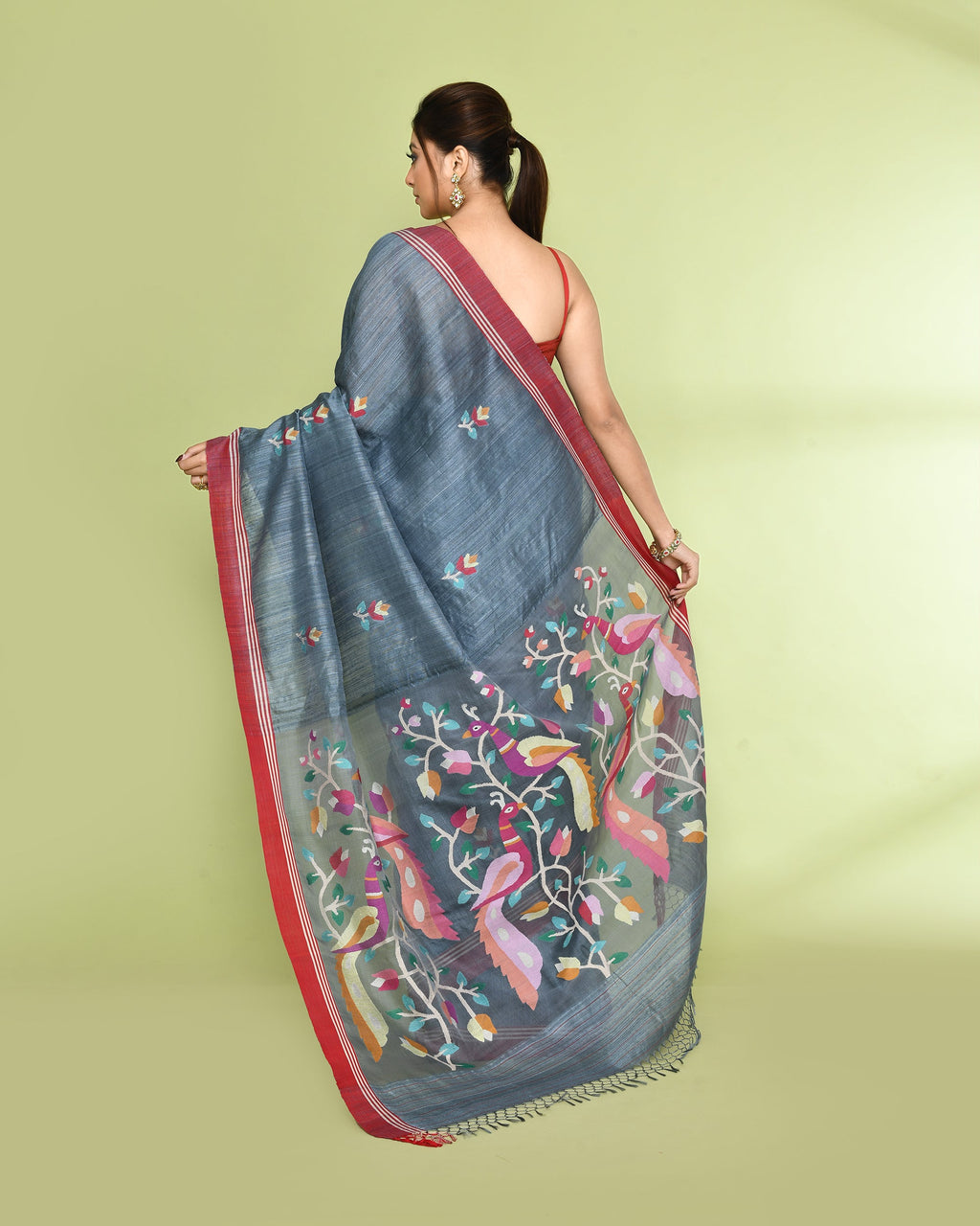 Piyari Fashion Women's Blue Grey Embellished Matka Silk Jamdani Saree | Grocsy