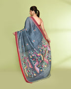 Piyari Fashion Women's Blue Grey Embellished Matka Silk Jamdani Saree | Grocsy